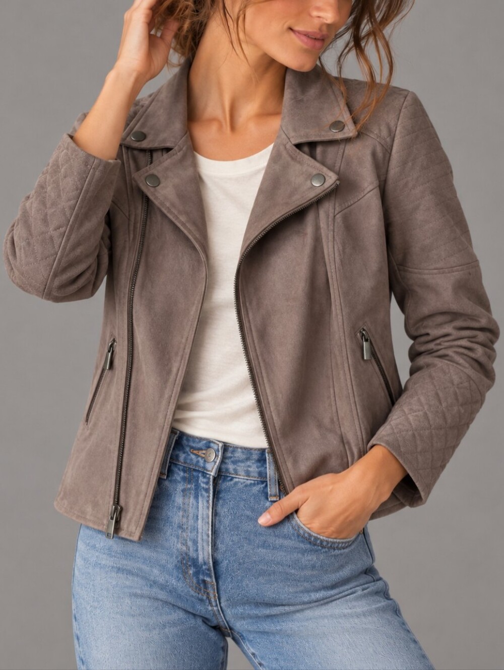 Kut From The Kloth Emma Taupe Faux Suede Moto Jacket Womens Size Large